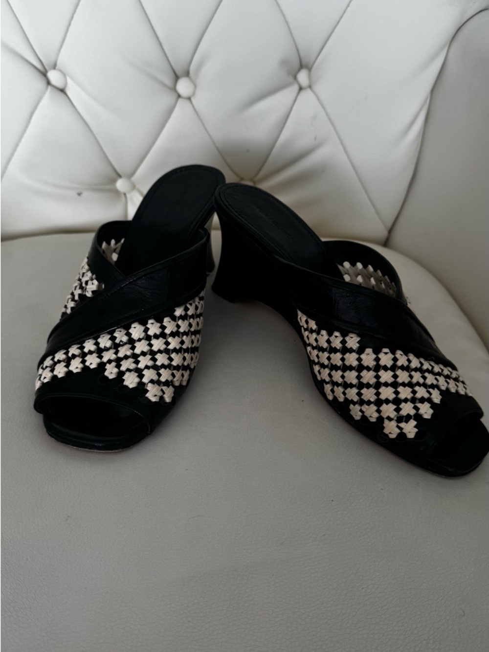 Tory Burch Black and White Woven Slide Mules